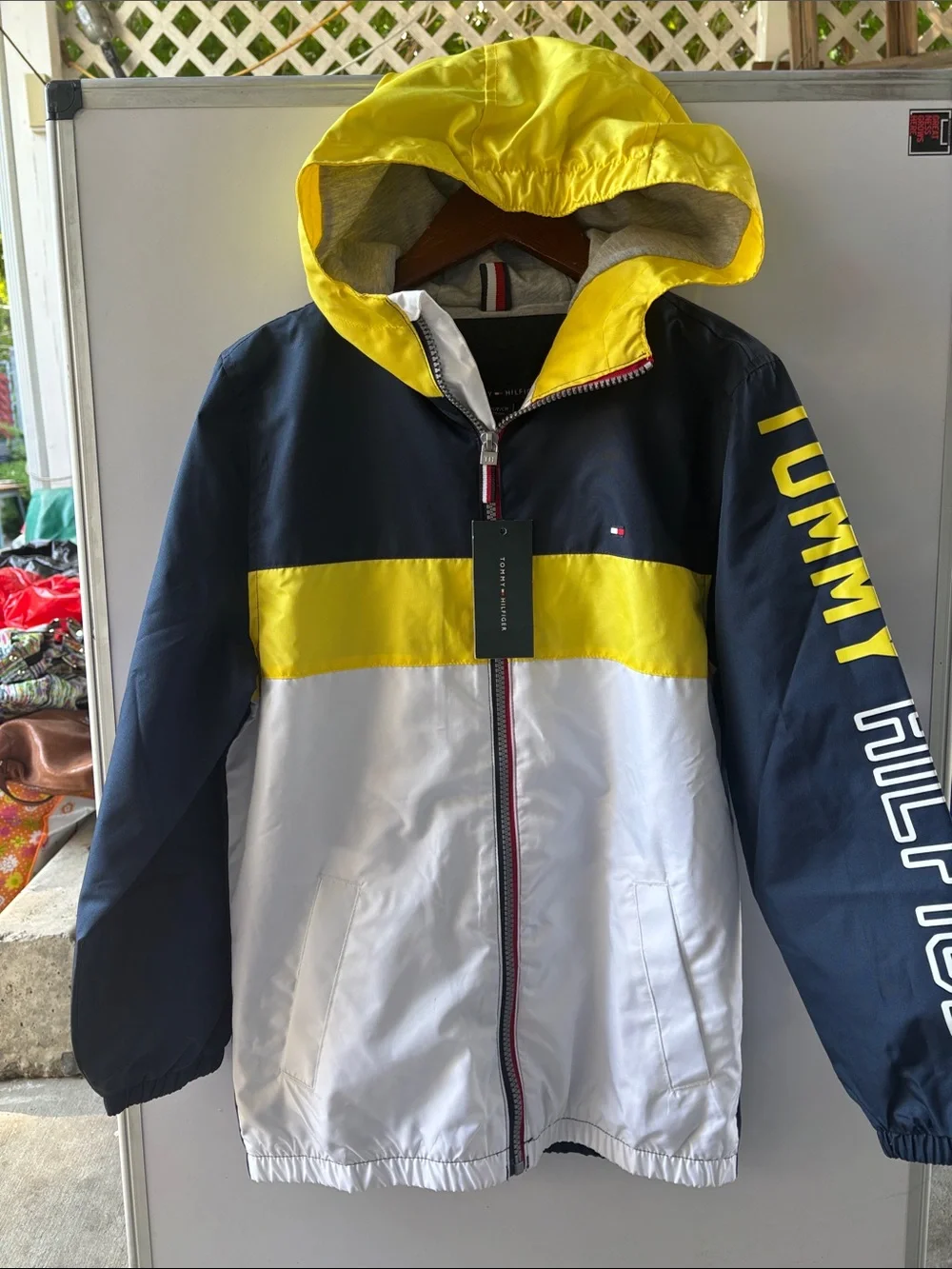 Tommy Hilfiger Kids Navy, Yellow & White Hooded Raincoat, new